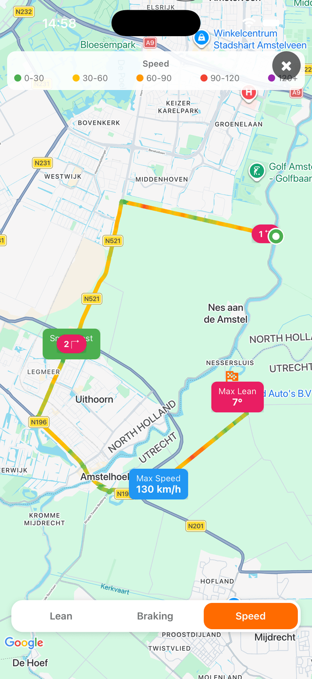 Cornr ride map coloured by speed with max lean marker