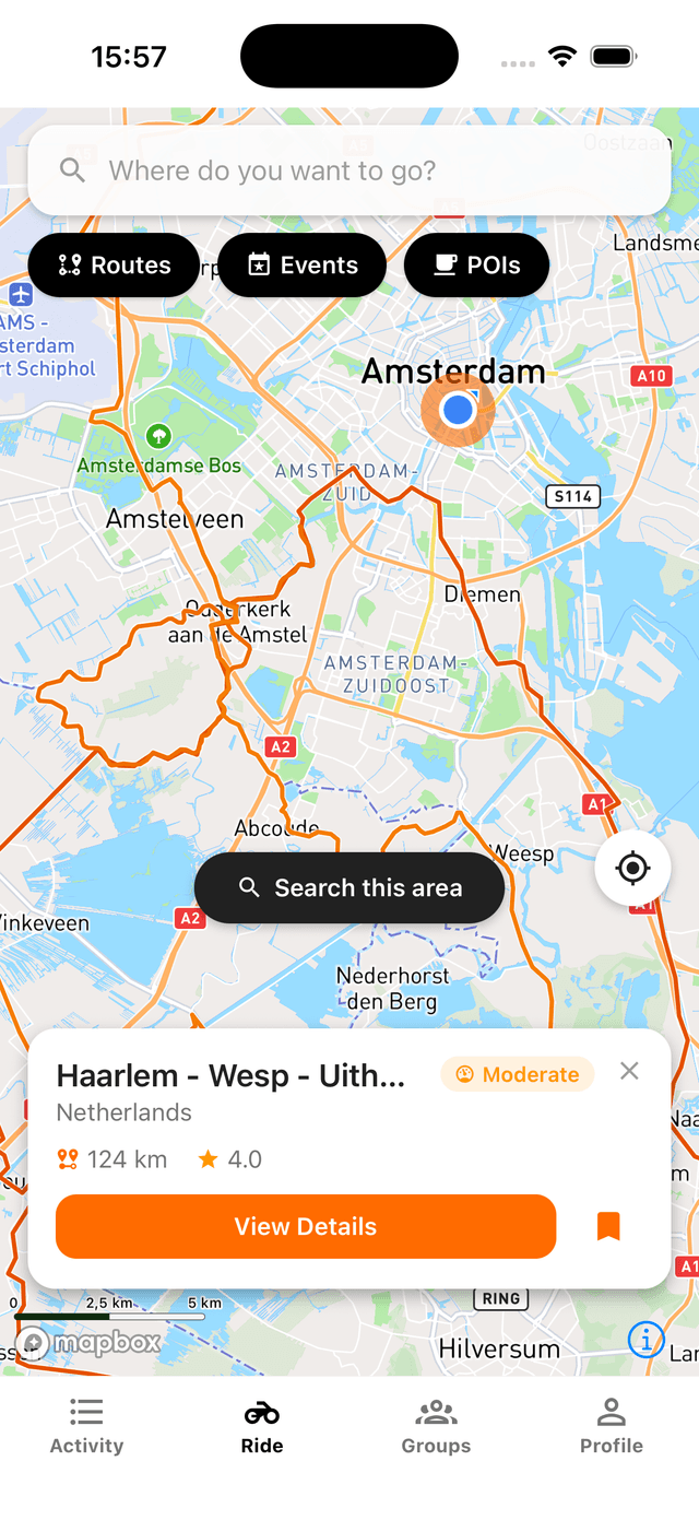 Cornr map with curated motorcycle routes nearby