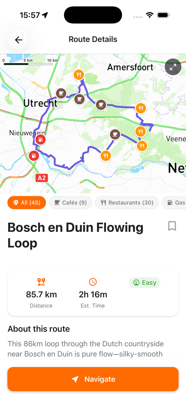 Cornr route details with stops and navigation